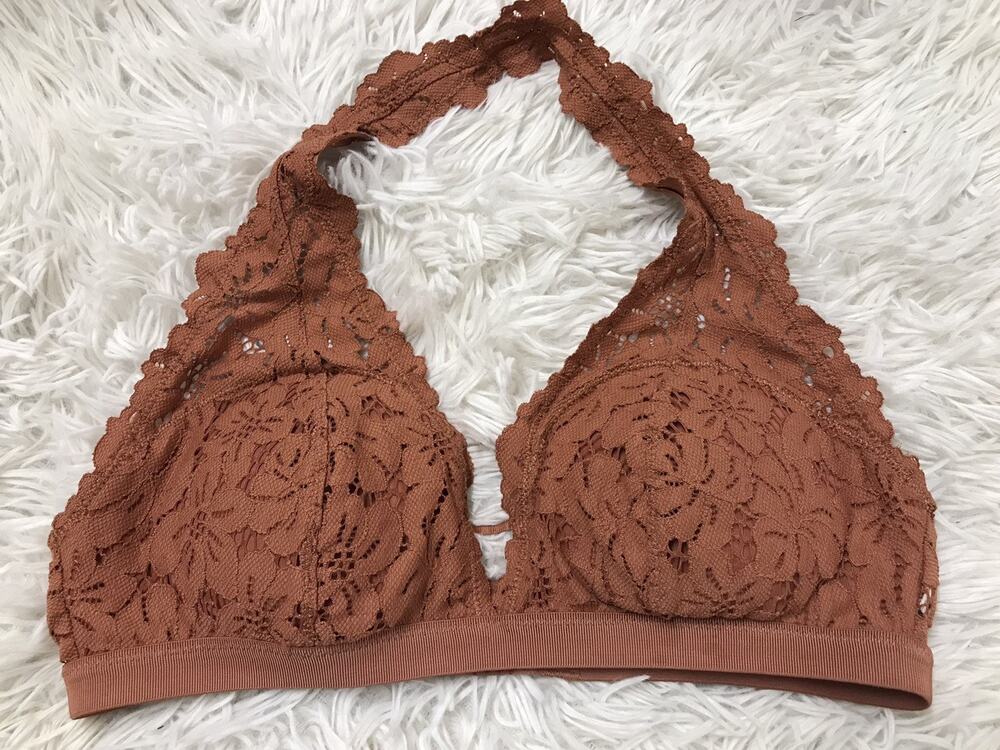 American Eagle Aerie Brown Wildflower Lace Lightly Padded Halter Bralette Sz Med